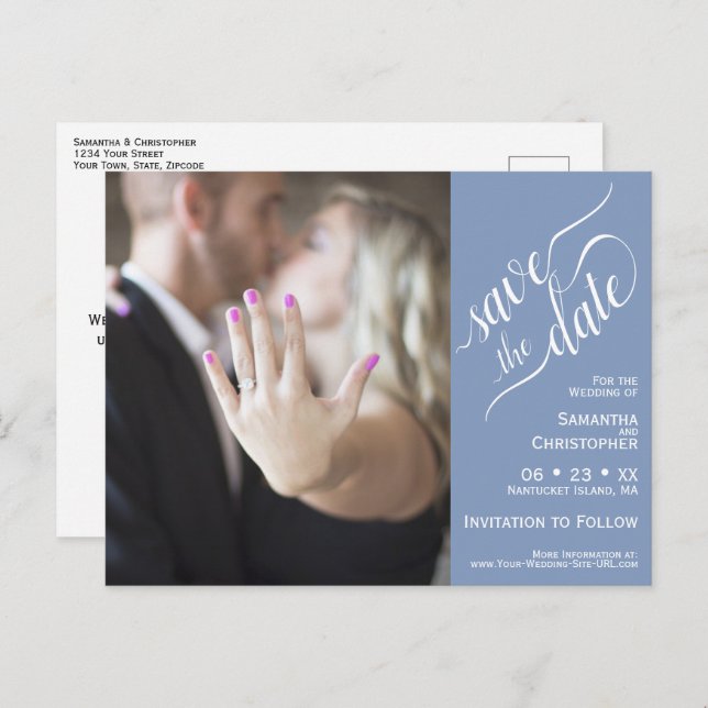 Blue Wedding Save the Date Photo & Calligraphy Announcement Postcard (Front/Back)