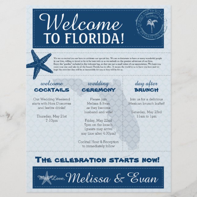 Blue Wedding Starfish Welcome Letter for Florida (Front)