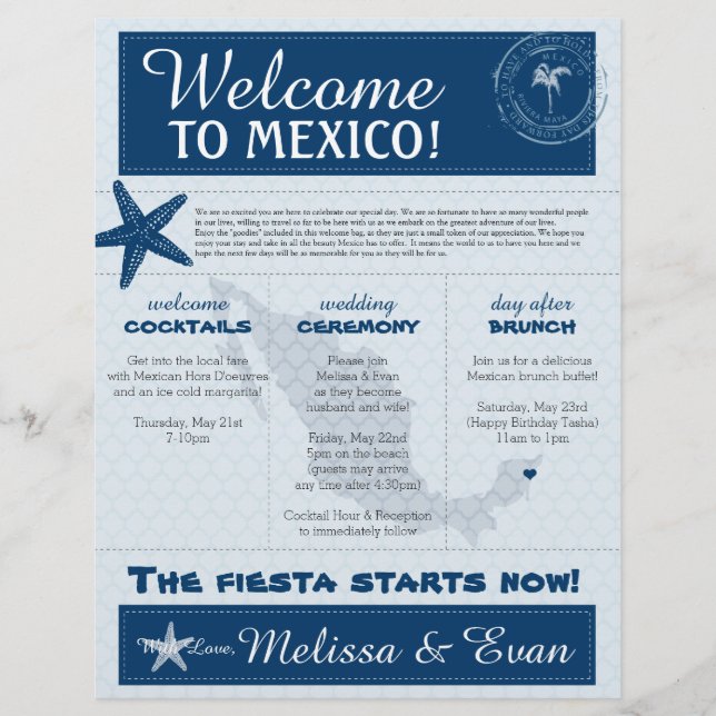 Blue Wedding Starfish Welcome Letter for Mexico (Front)
