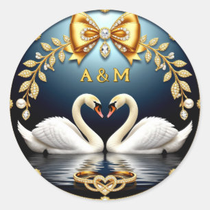 Blue Wedding Swans With Rings And Crest Theme Classic Round Sticker