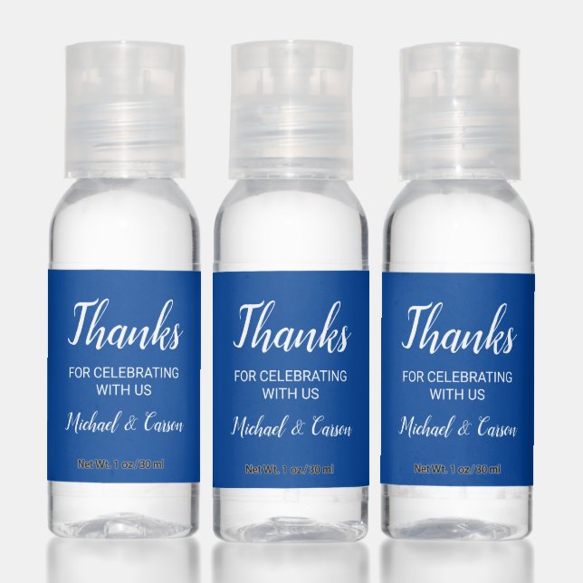 Blue Wedding Thank You Favor, Custom White text Hand Sanitizer (Set)