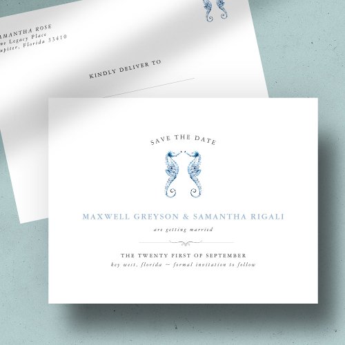 Blue Wedding Watercolor Seahorse Save The Date Postcard