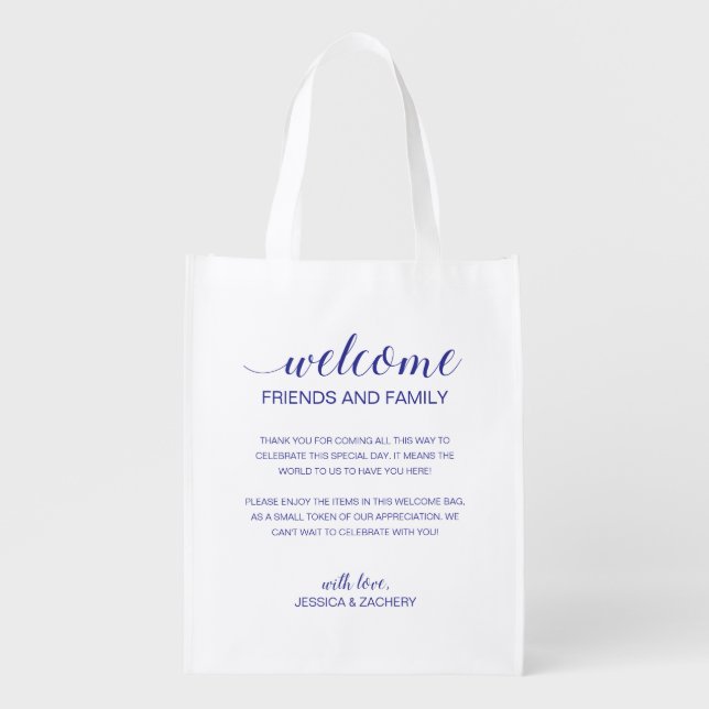 Blue Wedding Welcome Out Of Town Guests Gift Grocery Bag (Front)