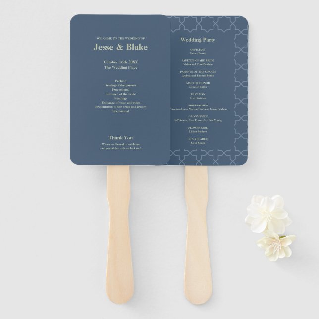 Blue Wedding with Latticework Pattern Hand Fan (Front and Back)