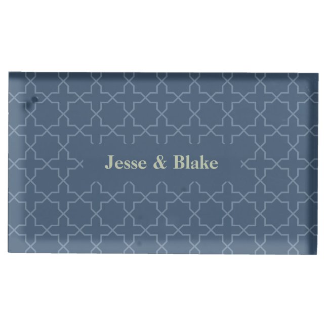 Blue Wedding with Latticework Pattern Place Card Holder (Front)