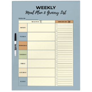 Blue Weekly Meal Plan & Grocery List - Dry Erase Board