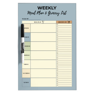 Blue Weekly Meal Plan & Grocery List - Dry Erase Board