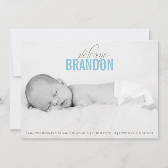 Blue Welcome Baby Photo Baby Birth Announcement (Front)
