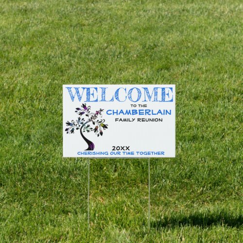 Blue Welcome Family Reunion Modern Floral Tree Sign