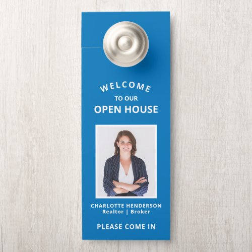 Blue Welcome Open House Real Estate Agent Photo Door Hanger