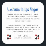 Blue Welcome to Las Vegas Wedding Welcome Basket Square Sticker<br><div class="desc">Getting married in Las Vegas? These navy blue and white welcome stickers would make a perfect addition to your guest's welcome basket in their hotel. Personalize with your own heartfelt text.</div>