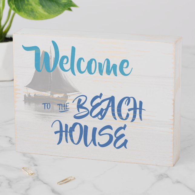 Blue Welcome to the Beach House nautical Wooden Box Sign (In Situ Horizontal)