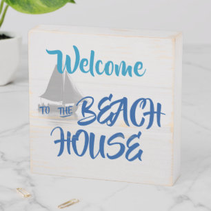Blue Welcome to the Beach House nautical Wooden Box Sign