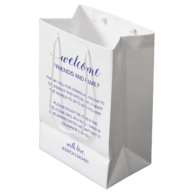 Blue Welcome to Wedding Guest Accommodation Medium Gift Bag (Front Angled)