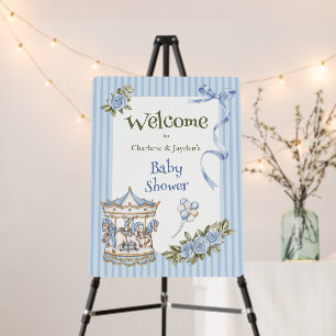 Blue Welcome Watercolor Horse Carousel Baby Shower Foam Board