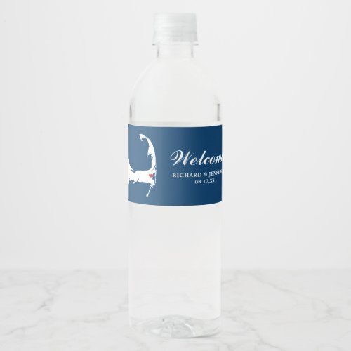 Blue Wequassett Cape Cod Map w red heart Wedding Water Bottle Label