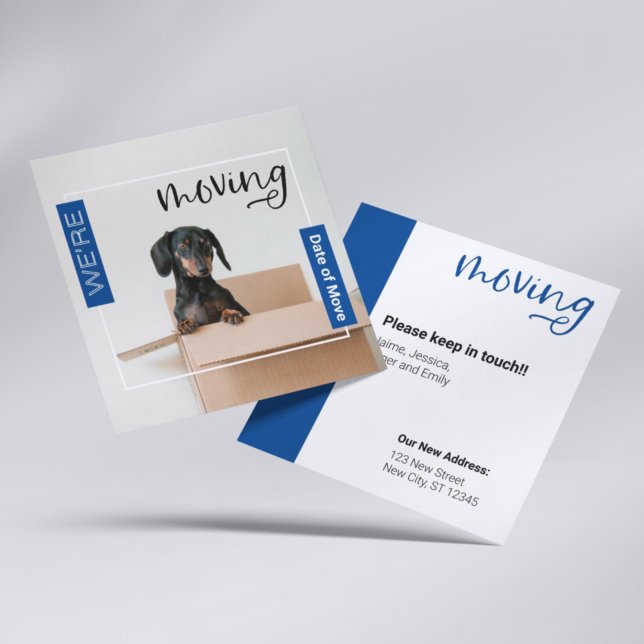 Blue We're Moving Dachshund Dog in Box Card (Creator Uploaded)