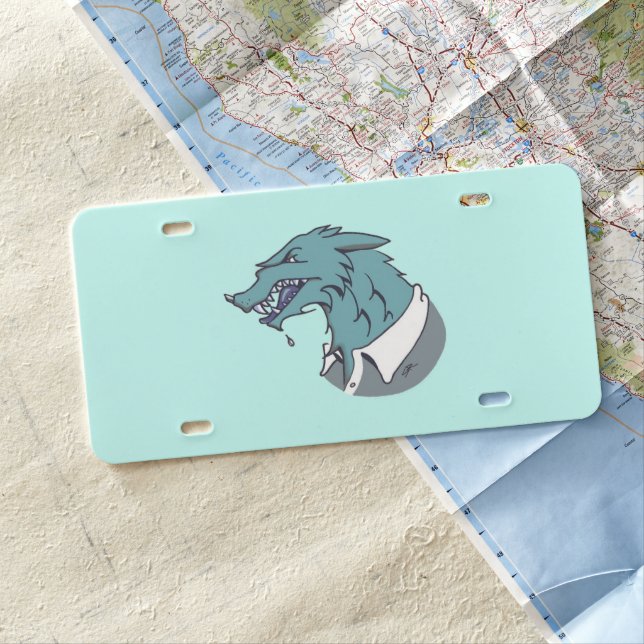 Blue Werewolf blue plastic car license plate (In Situ)