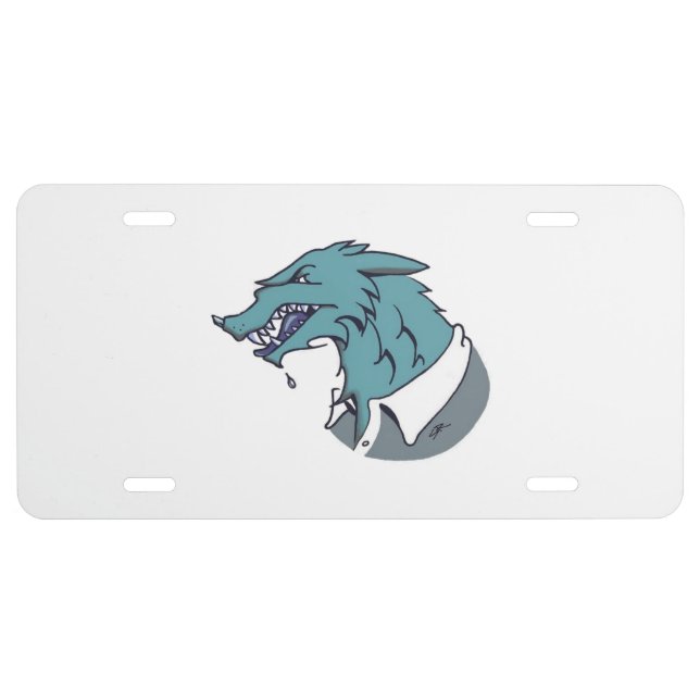 Blue Werewolf white aluminum car license plate (Front)