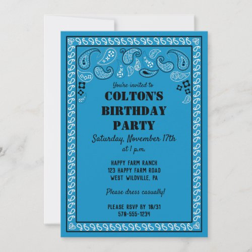 Blue Western Bandana Print Birthday Party Invitation