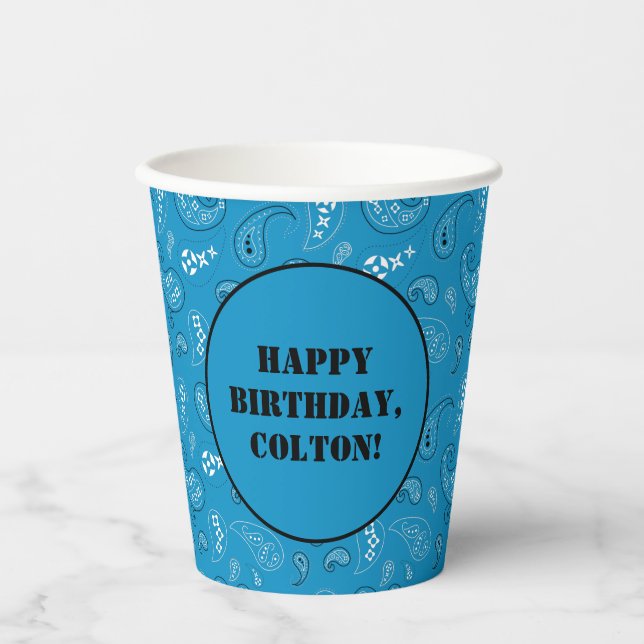 Blue Western Bandana Print Birthday Party Paper Cups (Front)