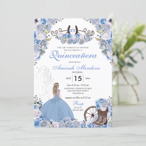 Blue Western Charra Floral Boots Quinceaera Invitation