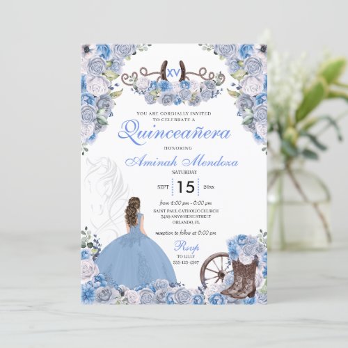 Blue Western Charra Floral Boots Quinceaera Invitation