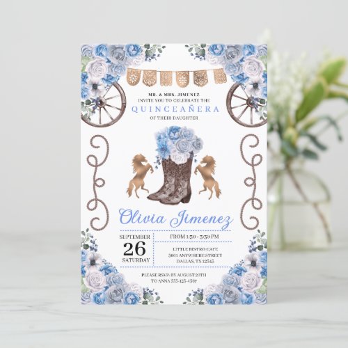 Blue Western Charra Floral Boots Quinceaera Invitation