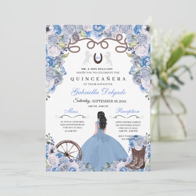 Blue Western Charra Girl Ranchero Quinceanera Invitation (Standing Front)