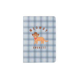 Blue Western Cowboy Cat Kids Name Travel Passport Holder