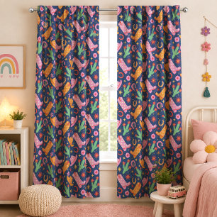 Blue Western Cowgirl Boots Cactus Floral Blackout Curtains