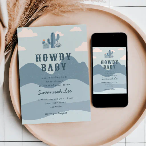 Blue Western Desert Cactus Baby Shower Invitation