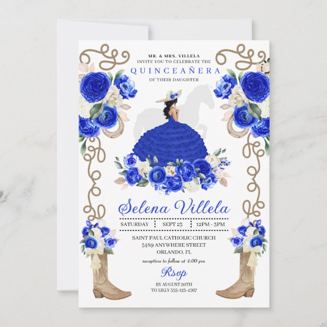 Blue Western Mariachi Charro Princess Quinceañera Invitation (Front)