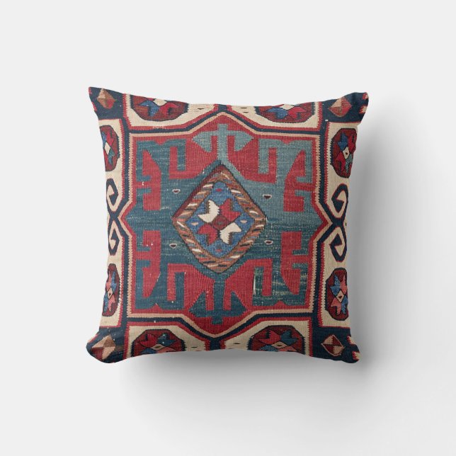 Blue Western Santa Fe Cowboy Style Ornate Throw Pillow (Front)