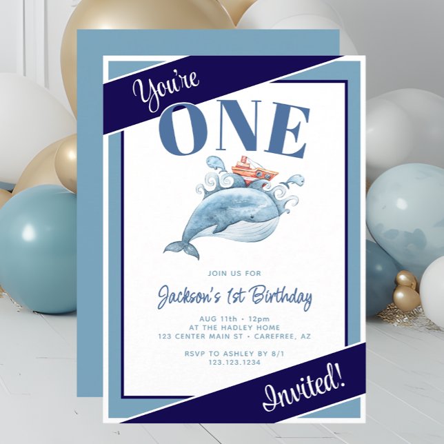 Blue Whale 1st Birthday Party Invitation (Creator Uploaded)