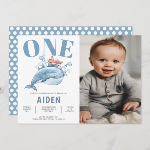 Blue Whale 1st Birthday Party Photo Invitation