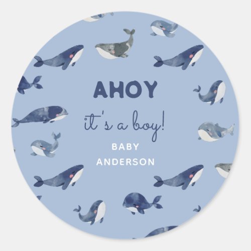 Blue Whale AHOY Its a Boy Baby Shower Classic Round Sticker