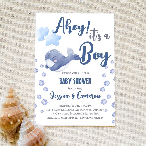  Blue whale ahoy its a boy nautical baby shower Invitation