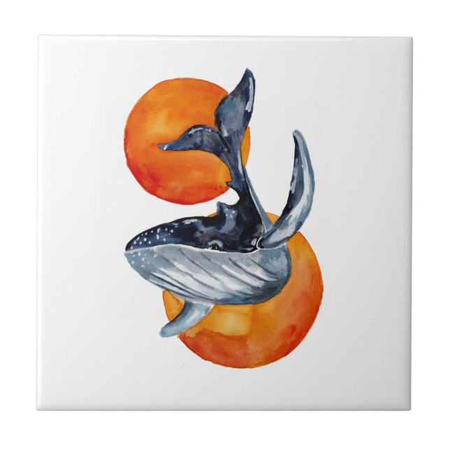 Blue Whale and Golden Balls Ceramic Tile (Front)