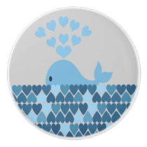 Blue whale and hearts ceramic knob