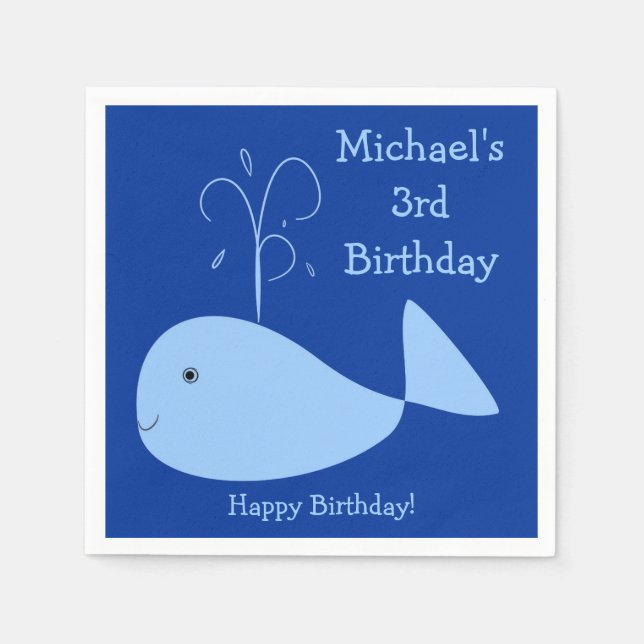 Blue Whale Animal Fish Kid's Custom Year Birthday Paper Napkins (Front)