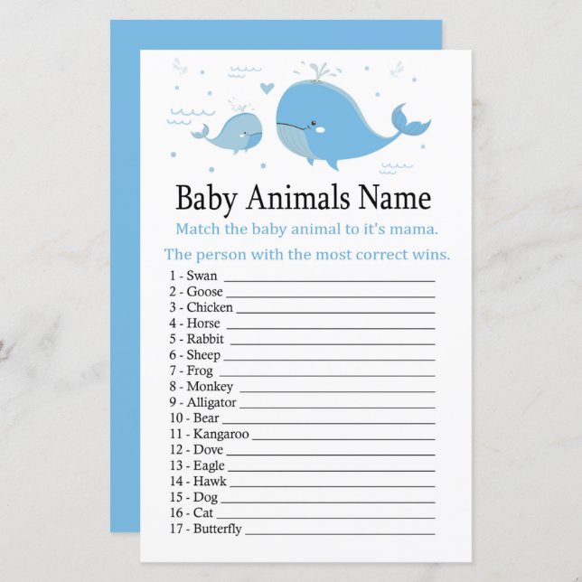 Blue Whale Baby Animals Name Game (Front/Back)