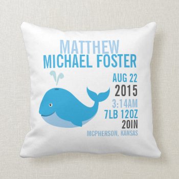 Blue Whale Birth Announcement Nursery Pillow by cranberrydesign at Zazzle