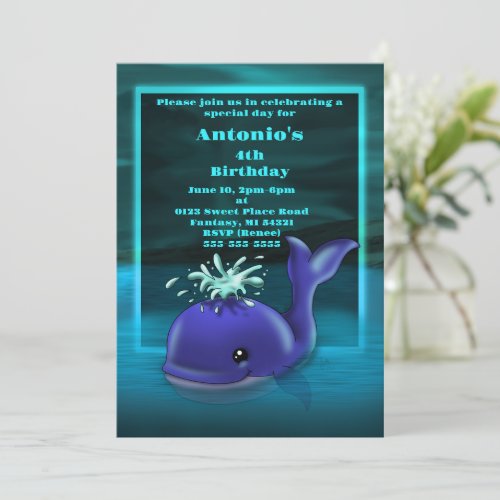 Blue Whale Birthday Party  Invitation