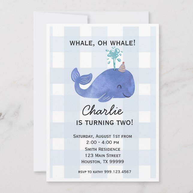 Blue Whale Birthday Party Invitation, Customizable Invitation (Front)