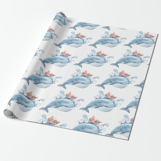 Blue Whale Birthday Wrapping Paper (Unrolled)
