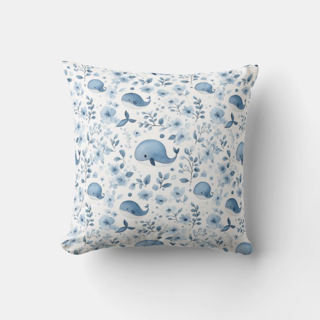 Blue Whale Bloom Throw Pillow (Front)