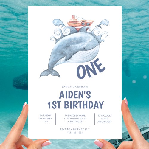 Blue Whale Boy 1st Birthday Invitation