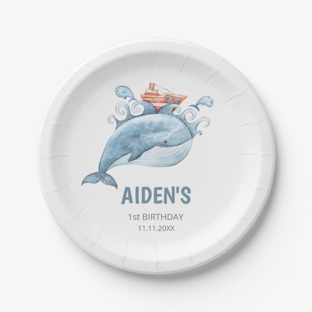 Blue Whale Boy Birthday Party Paper Plates (Front)