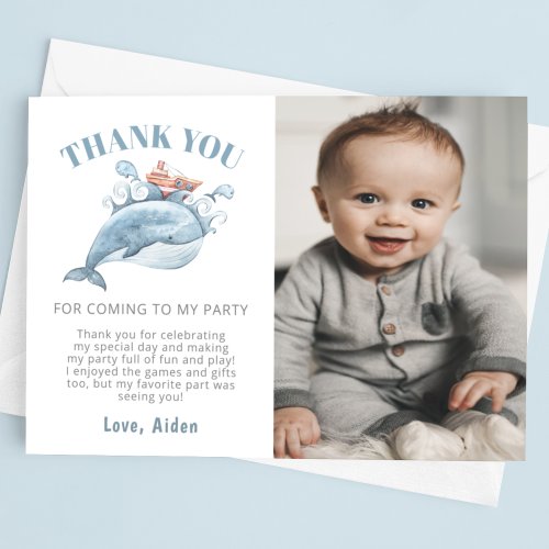 Blue Whale Boy Birthday Photo Thank You Card